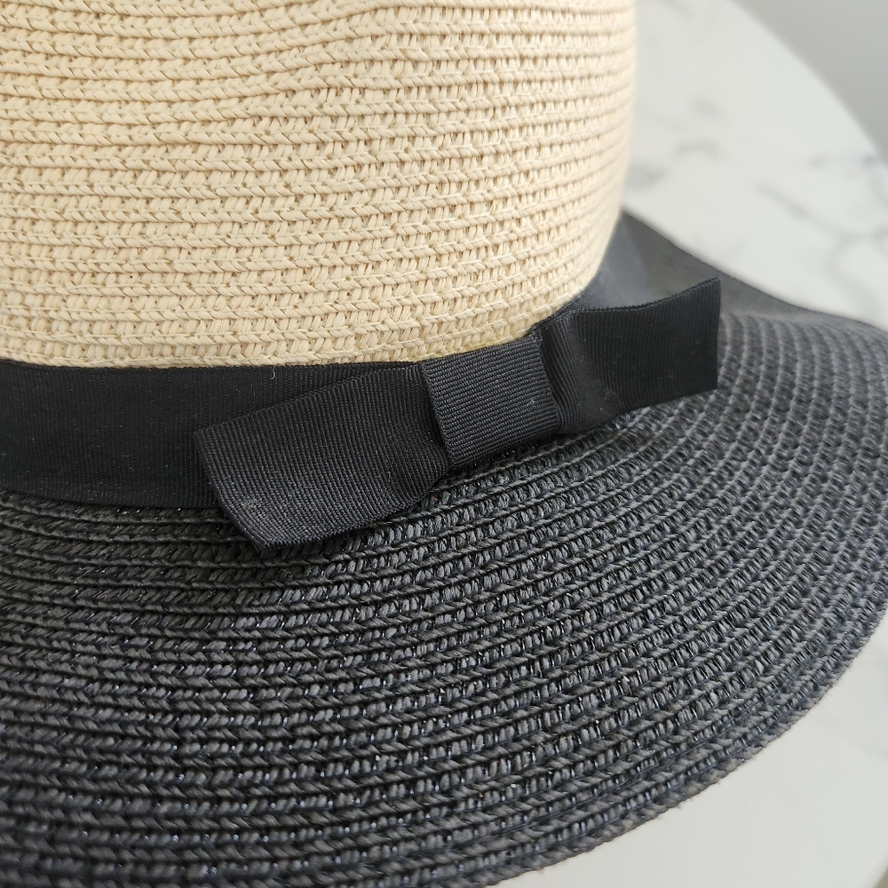 Two-Tone Black & Beige Synthetic Raffia With Ribbon Womens Hat - Picture 6 of 17